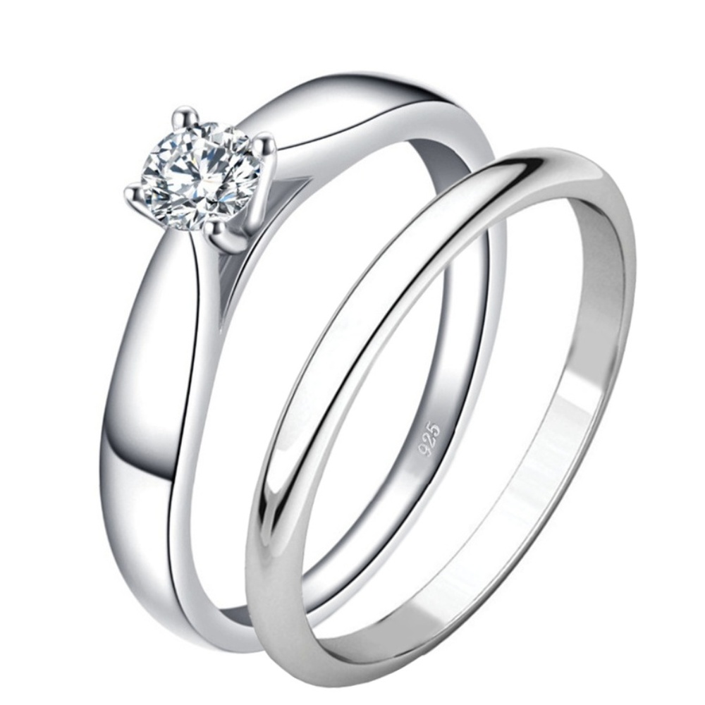 2 PC Women's Sterling Silver Wedding Band Ring Set